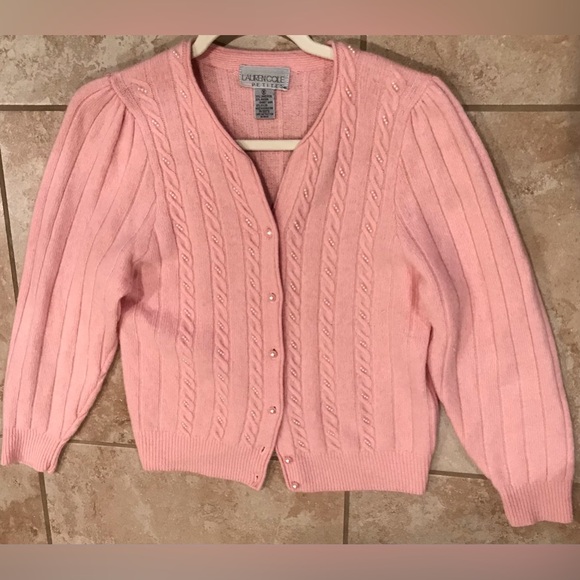 Lauren Cole Petites Sweaters - LAUREN COLE 70% Lambswool Angora Pearl Embellished Baby Pink Knit Cardigan - SP